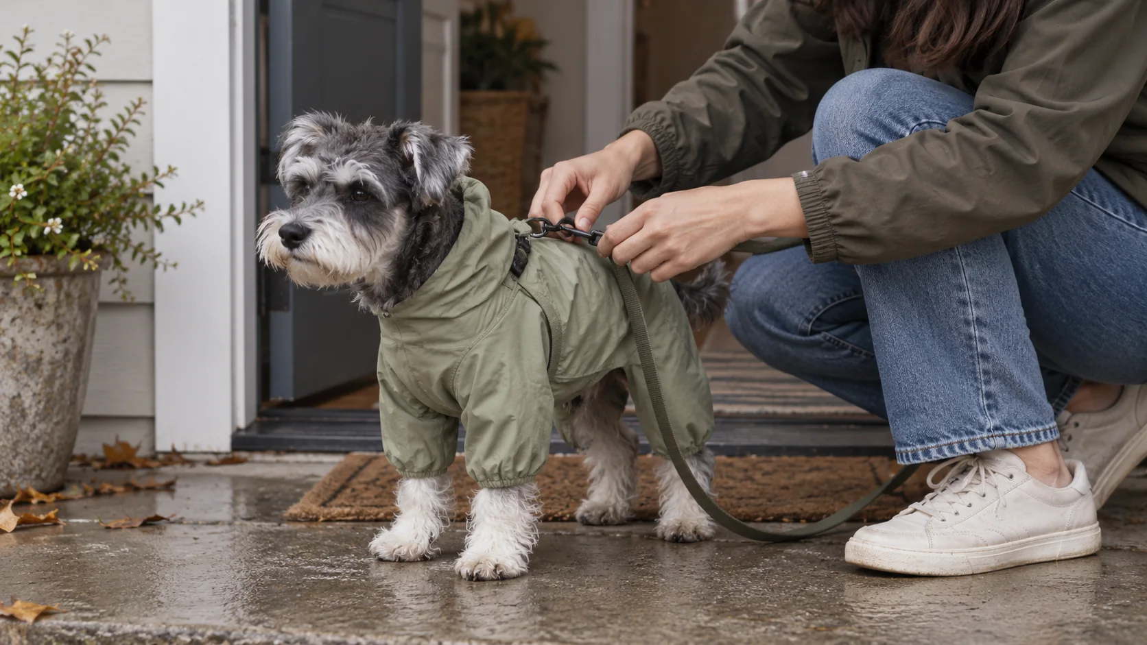 An owner checks the leash attachment on a small schnauzer's green raincoat at the doorway.