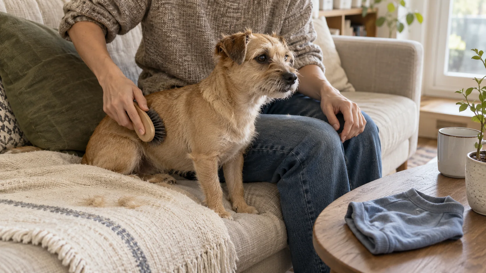 An owner gently brushes a small terrier on a washable sofa throw; a dog shirt is folded nearby.