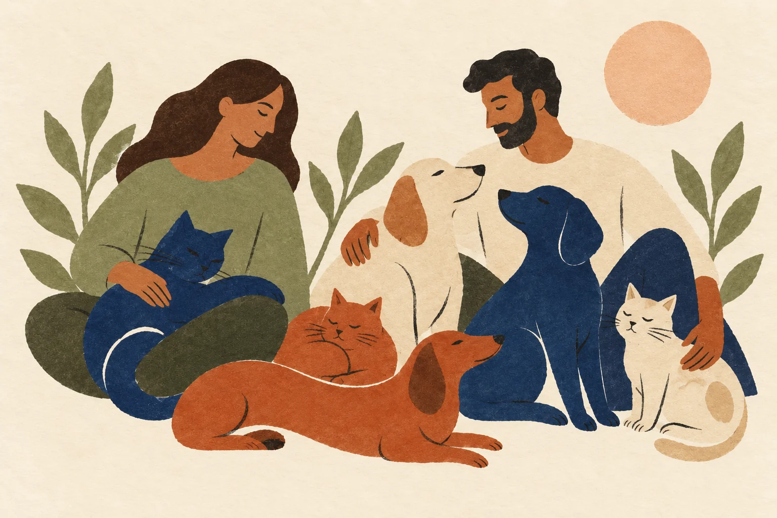 Paper collage of two people together with three cats and three dogs.